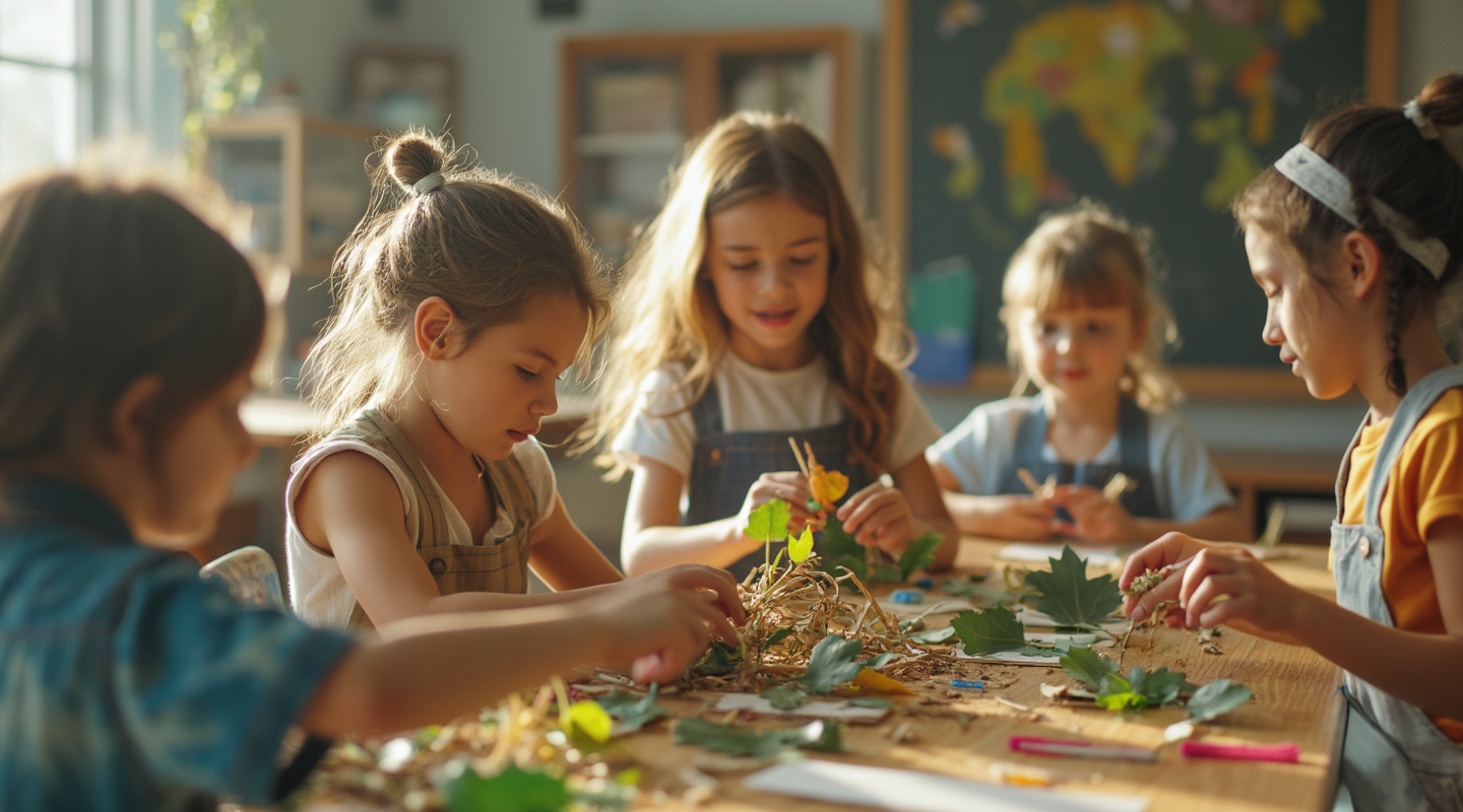 A group of children sit around a table in a classroom, focusing on a creative project using leaves, twigs, and other natural materials. The classroom includes a chalkboard and a map on the wall, creating an educational backdrop as the children collaborate and interact with each other on their projects.