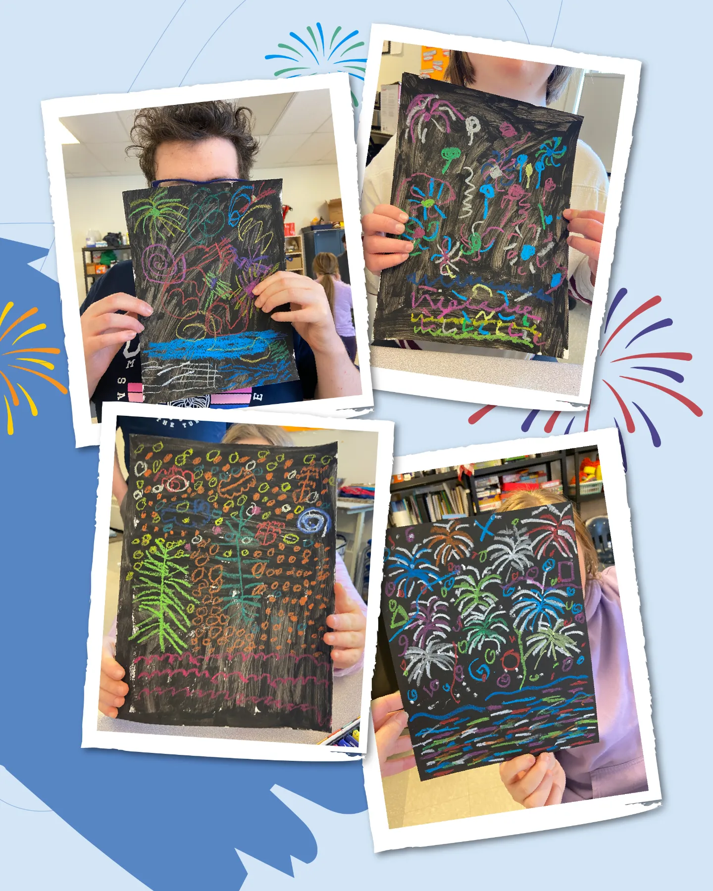 A festive blue collage with doodled fireworks frames four polaroid-style photos of young artists proudly displaying their vibrant chalk artworks on black paper. Top left: A smiling young man with curly brown hair and blue glasses, in a gray T-shirt, holds a piece featuring swirling palm trees in green and blue, abstract orange shapes, and purple waves against a starry night. Top right: A girl with straight brown hair, in a white sweater, showcases exploding fireworks in pink, purple, and green bursts with white stars. Bottom left: A child with blonde hair in pigtails grips a drawing of lush green ferns, orange polka dots, and layered purple and pink stripes evoking a mystical forest. Bottom right: A girl with curly red hair, wearing a lavender top, presents tropical palm trees in green and blue with pink fireworks and swirling lines under a starry sky, capturing the magic of nighttime celebrations.