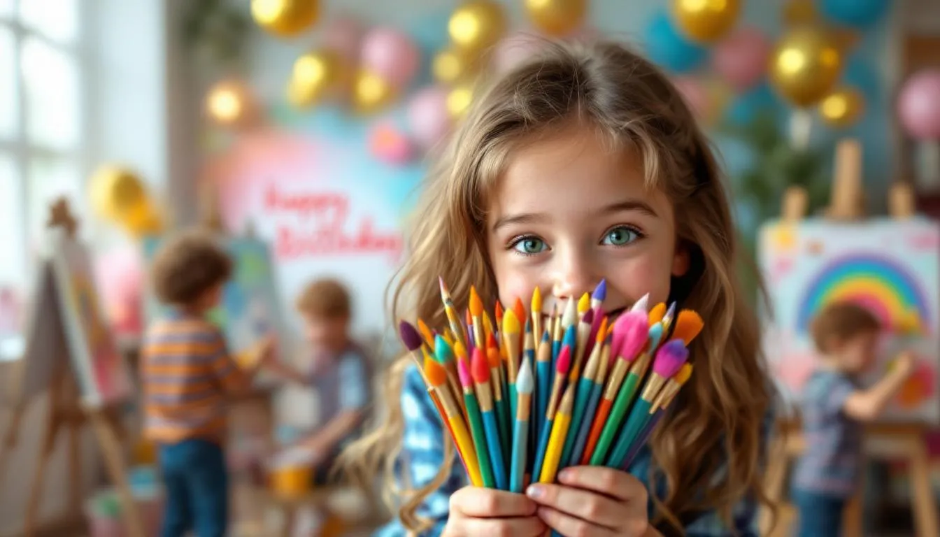 A cheerful young girl with long wavy blonde hair and bright blue eyes smiles mischievously through a vibrant bouquet of colorful pencils, brushes, and markers held close to her face, in a festive art party room adorned with gold and pink balloons and a "Happy Birthday" banner. In the softly blurred background, other children joyfully paint rainbows and abstracts on easels amid scattered supplies, capturing the magical, creative fun of themed birthday workshops.