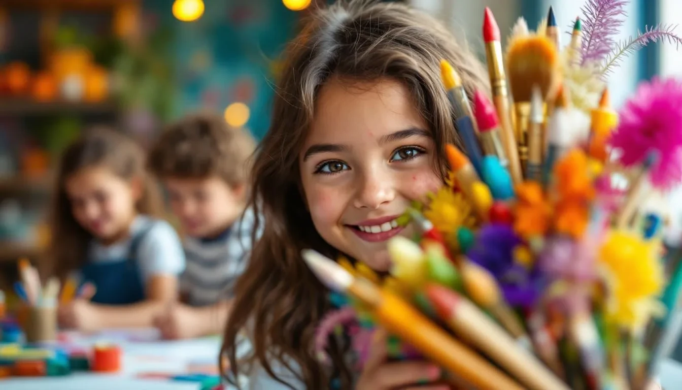 A beaming young girl with wavy brown hair and sparkling brown eyes smiles playfully through a lush bouquet of colorful paintbrushes, crayons, and markers in a warmly lit, whimsical art studio. In the softly blurred background, two other children—one girl in a blue dress and a boy in a striped shirt—joyfully create artwork at a table scattered with paints and papers, evoking the fun and inclusive spirit of children's art workshops.