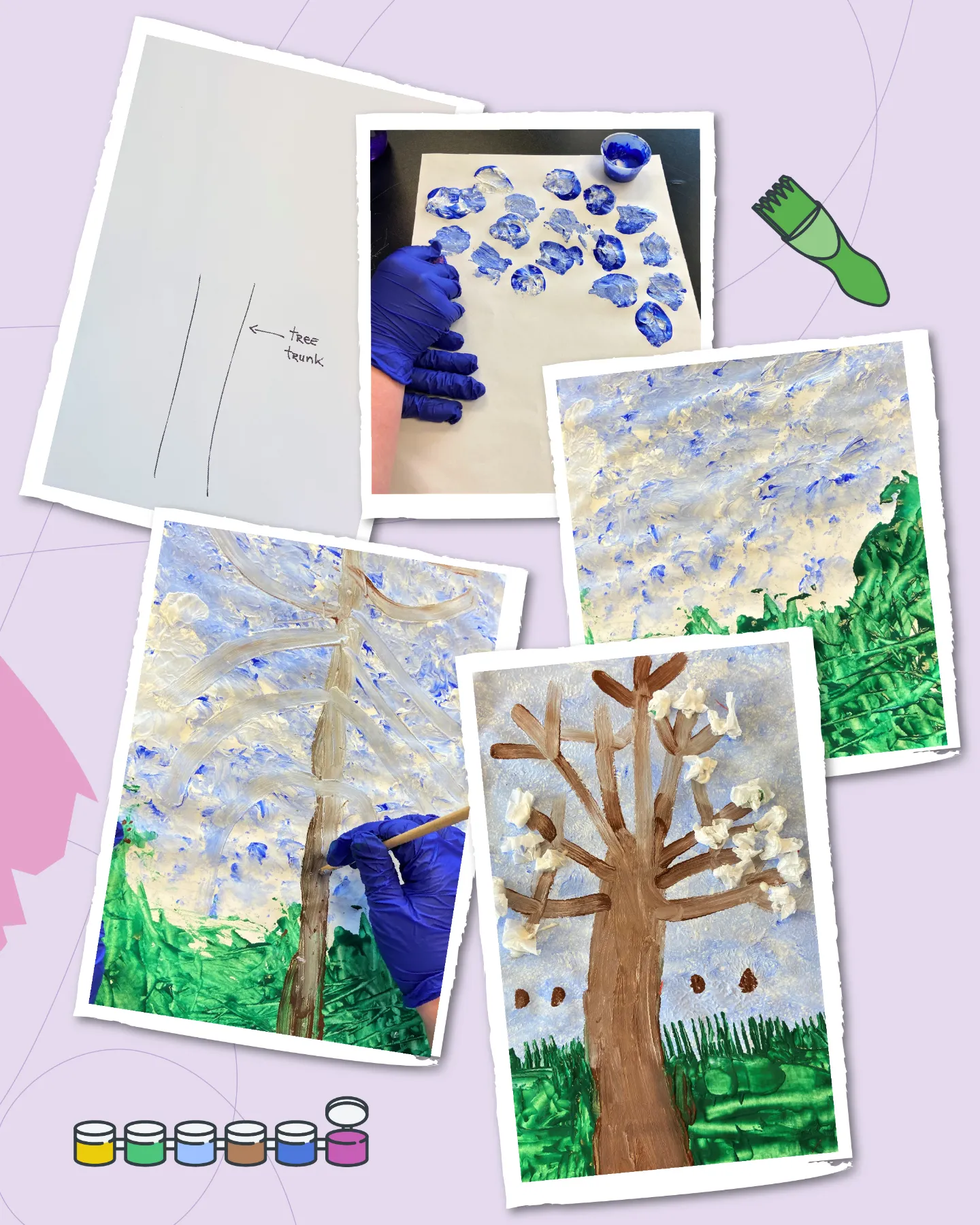 A whimsical purple collage showcasing a children's art project on a white tree against a blue sky. Top left: A blank paper labeled "Tree trunk" with vertical lines. Top right: Hands in blue gloves finger-painting blue blobs on paper for texture, next to a blue paint cup. Middle left: A gloved hand with a brown brush painting a tall tree trunk with white branches emerging from blue textured base, surrounded by green grass. Middle right: A finished painting of a brown tree with white cotton-ball blossoms, gray sky, green grass, and brown acorns. Bottom: Cartoon paint pots in yellow, green, blue, brown, and purple. A green brush icon adds a playful touch, evoking seasonal creativity.