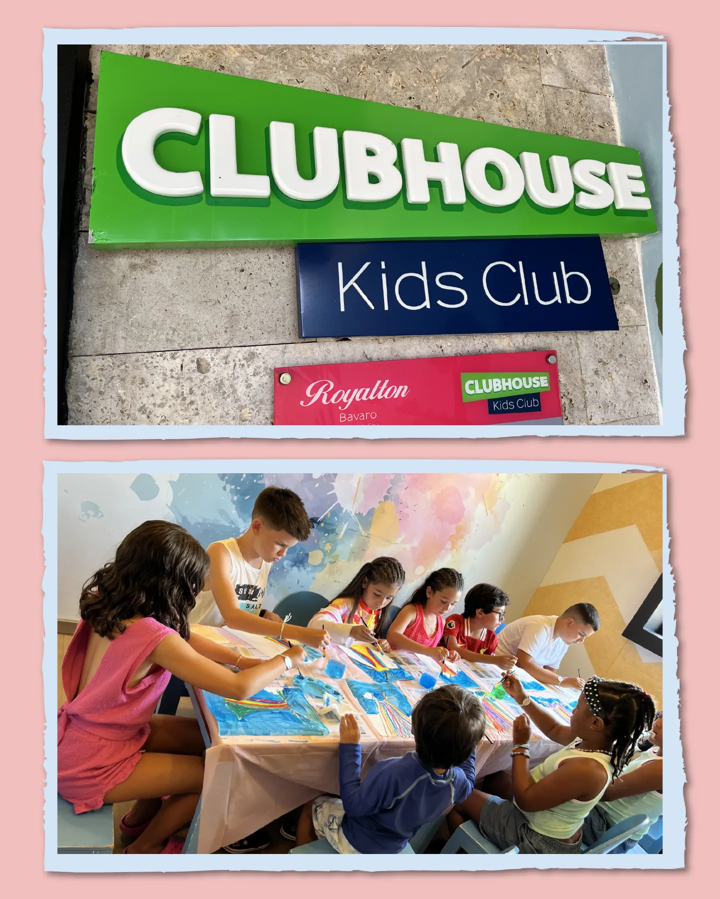 A split-image composition on a soft pink background: The top half features a green "CLUBHOUSE" sign above a blue "Kids Club" plaque on a stone wall, with a pink "Regalton" badge and "CLUBHOUSE Kids Club" label. The bottom half shows a lively group of diverse children and young adults engaged in a painting activity at a low blue table in a colorful room with watercolor wall murals in blues and pinks, and chevron patterns. A woman with long wavy brown hair in a pink dress sits cross-legged, assisting; a boy with short brown hair in a white tank top paints; girls with braids in colorful outfits and a boy in blue shorts focus on large blue canvases with abstract designs using brushes and paints; another boy in white adds details. Scattered art supplies include yarn, markers, and cups on the floor amid small blue chairs.