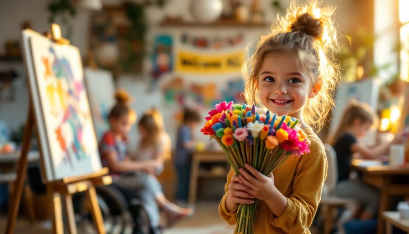 A joyful young girl with blonde hair tied in a messy bun and wearing a mustard-yellow sweater beams with delight as she holds a vibrant bouquet of colorful art supplies—paintbrushes, crayons, and markers bundled like flowers—in a sunlit, welcoming art studio. In the softly blurred background, diverse children, including one in a wheelchair, engage in painting at easels and tables amid scattered supplies, with a "Welcome All" banner adding an inclusive touch to the magical, creative atmosphere.