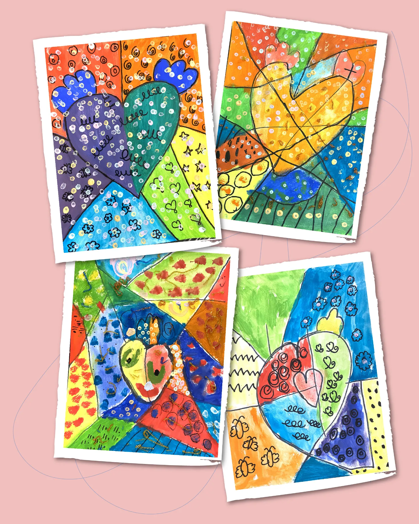 A delightful collage of four vibrant, abstract paintings created by children, arranged in a 2x2 grid on a soft pink background with subtle circular frames. Clockwise from top left: The first features a large purple heart outlined in blue with scattered white dots, surrounded by green leaves, yellow stars, and swirling patterns in orange, blue, and green. The second shows a sunny yellow heart with an orange cross inside, dotted with green leaves and surrounded by multicolored geometric shapes in orange, blue, and green. The third depicts a playful face with yellow cheeks, red lips, and green eyes amid jagged red and green shapes, polka dots, and wavy lines in blue and orange. The fourth illustrates a green heart with pink and red swirls, blue flowers, a yellow crown-like shape, and abstract dots and lines in purple, orange, and green, evoking joy and imagination.